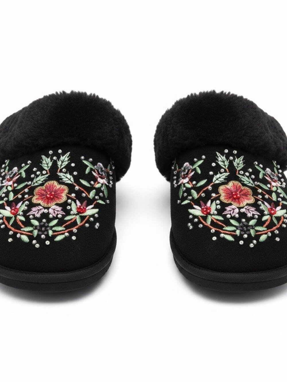 Black Embroidered Floral Cozy Slip-On Slippers
